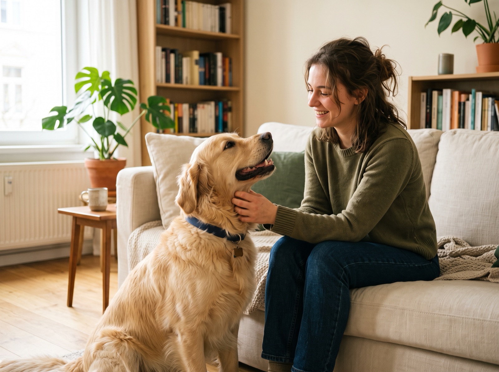 Sitter relaxing at home with a golden retriever
