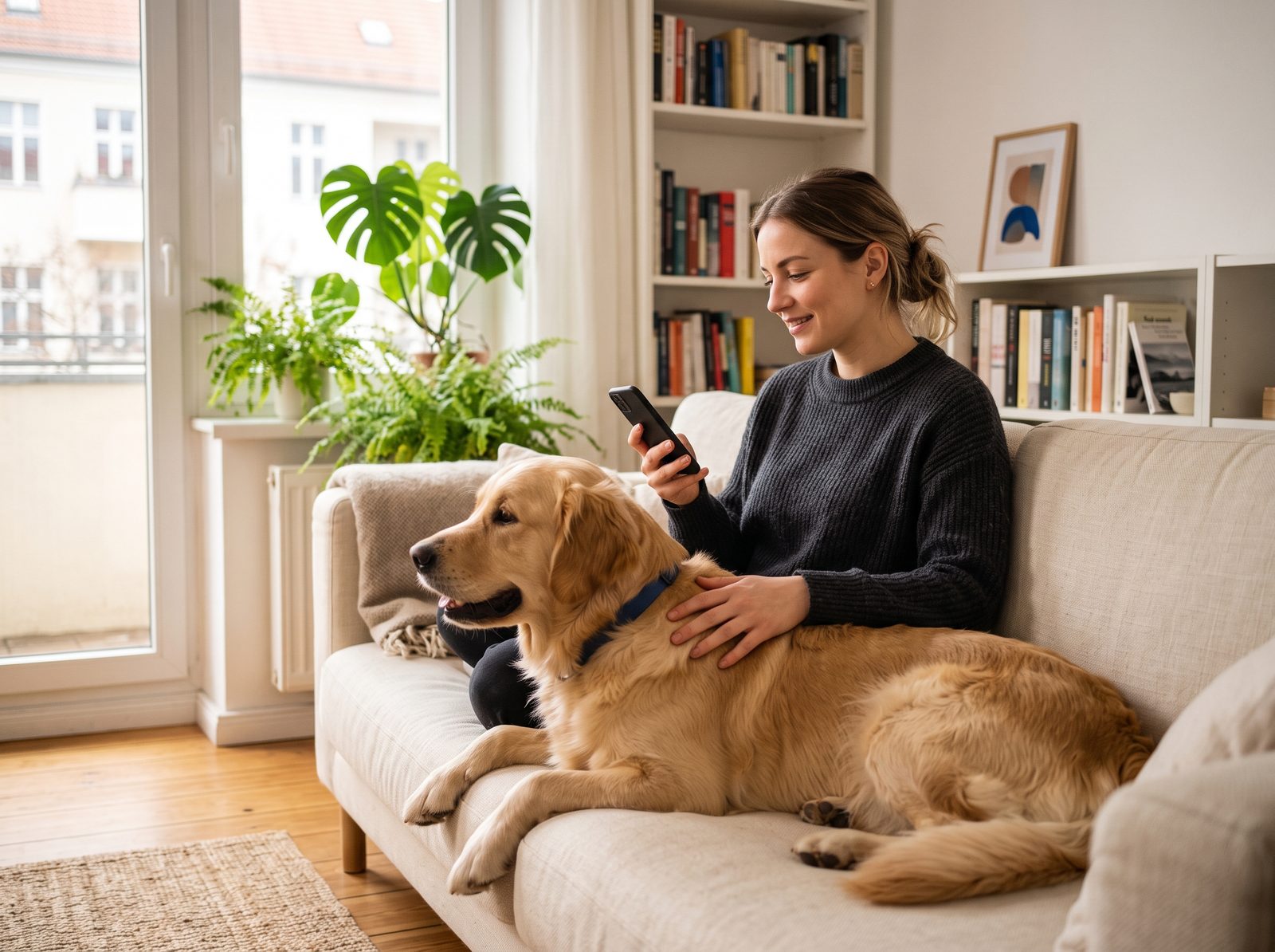 Sitter checking in via the app with a dog resting nearby